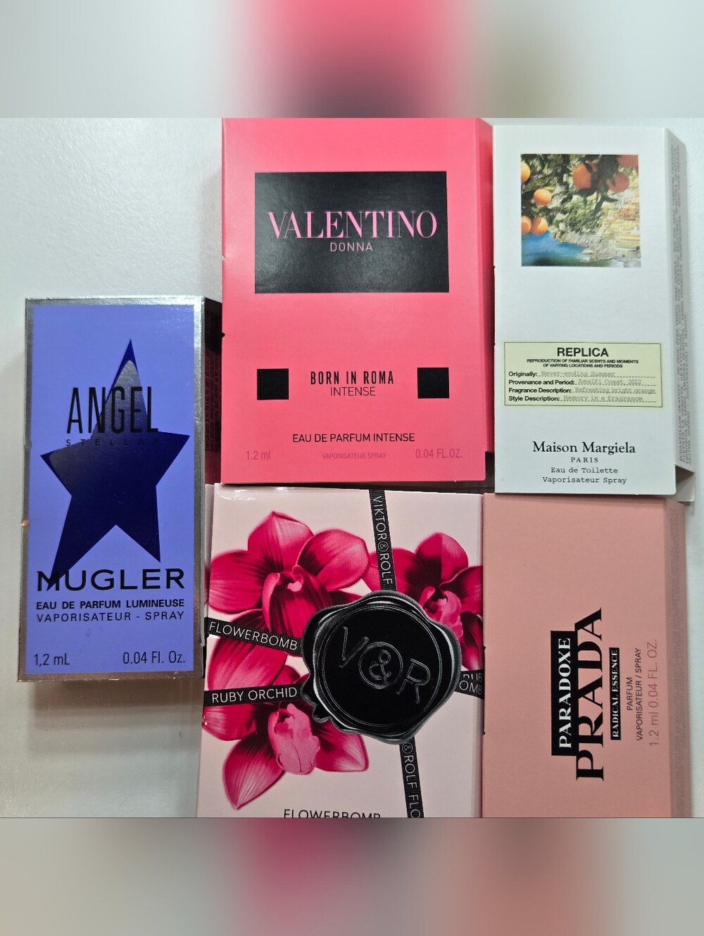 5 Pack Perfume Samples-Valentino, Angel, Flowerbomb, Replica, Prada